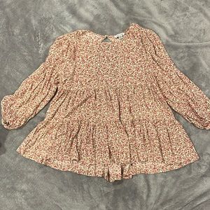 American Eagle Pink Red Floral Blouse Open Back Puffy Long Sleeve
